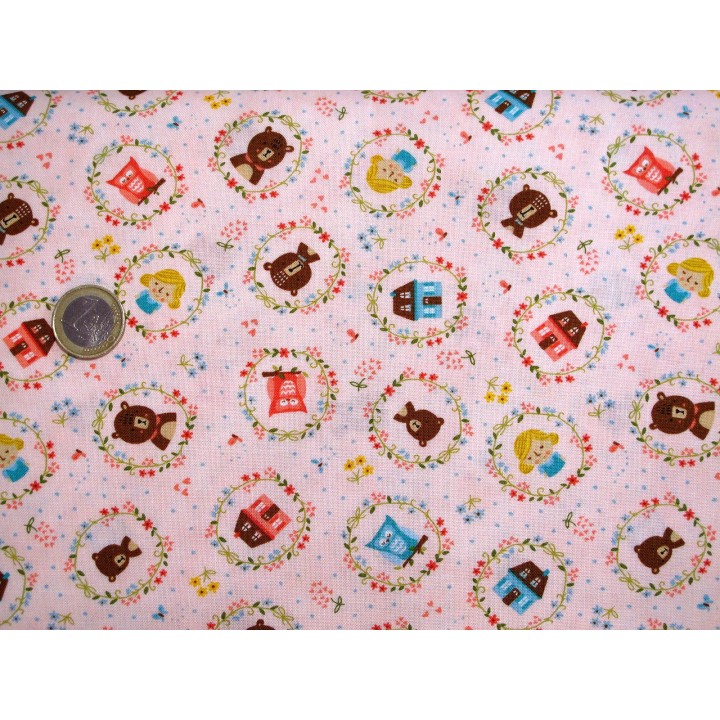 Patchworkstoff Bären Häuser Mädchen rosa Home sweet Home Quiltstoff