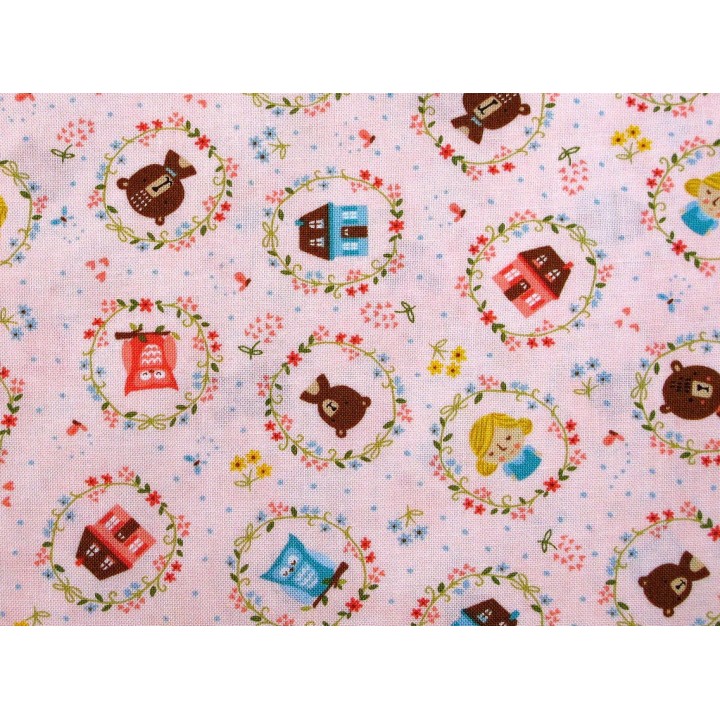 Patchworkstoff Bären Häuser Mädchen rosa Home sweet Home Quiltstoff