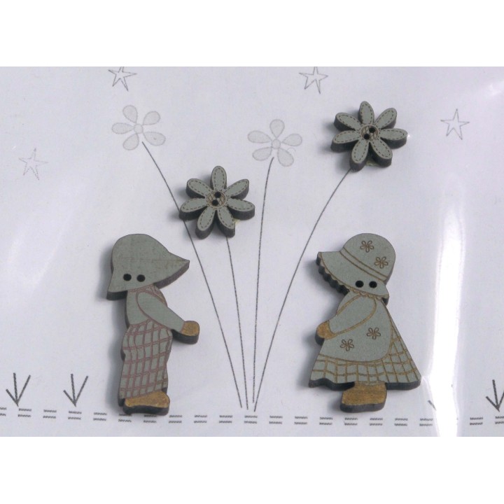 Holzknöpfe Sunbonnet Sue + Overall Andy blau