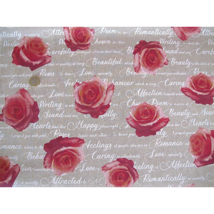 Dekostoff Rosenstoff Canvas natur rosa pink