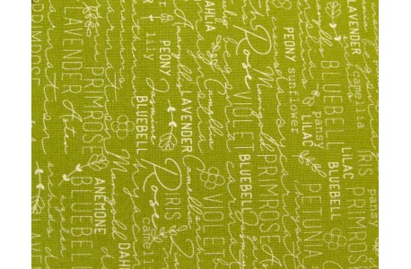 Quiltstoff Text Schrift grün Spring Chicken Patchworkstoff