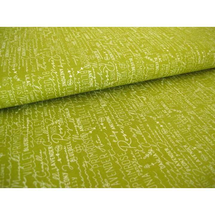 Quiltstoff Text Schrift grün Spring Chicken Patchworkstoff