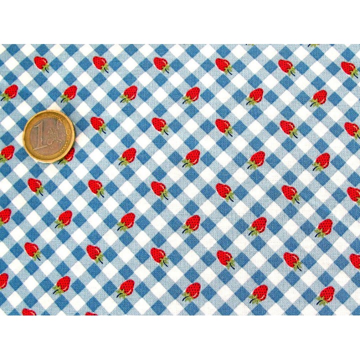 Patchworkstoff Erdbeeren Karos blau rot Farmgirls Unite