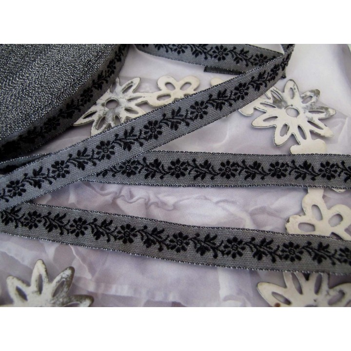 Webband Blumen schwarz grau