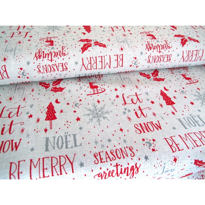 Weihnachtsstoff Canvas natur rot