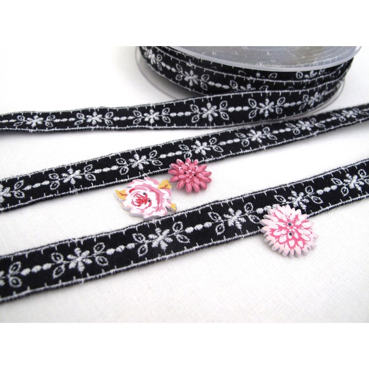 Webband Blumen schwarz weiß