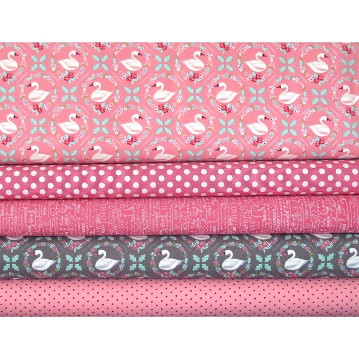 Patchwork Stoffpaket Baumwolle Schrift Punkte Blumen rosa Schwan 75025
