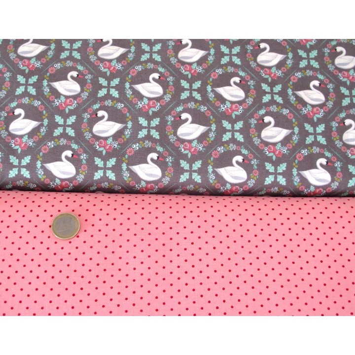 Patchwork Stoffpaket Baumwolle Schrift Punkte Blumen rosa Schwan 75025