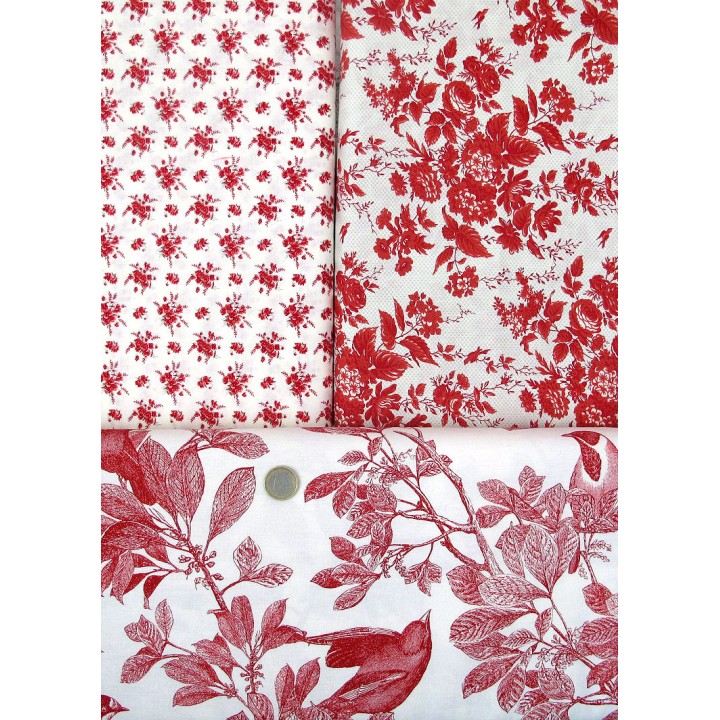 Patchwork Stoffpaket Baumwolle Vögel Beeren Blumenstoffe rot 77001