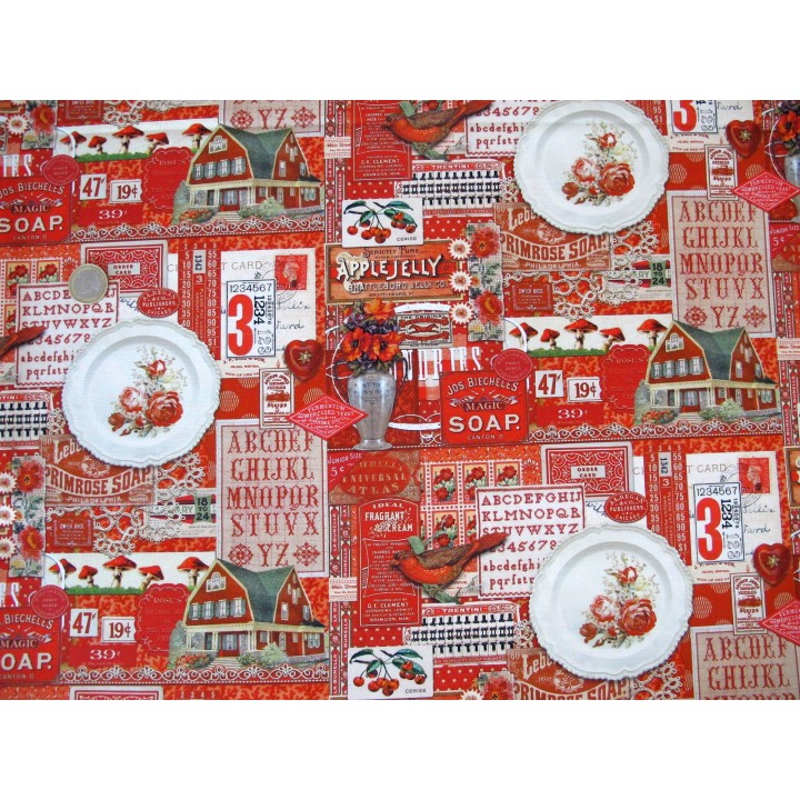 Patchworkstoff Baumwolle Blumen Vögel Häuser Junk Journal Tags Label Vintage rot Curated in Color