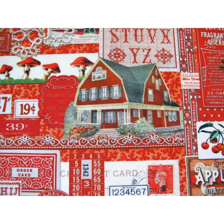 Patchworkstoff Baumwolle Blumen Vögel Häuser Junk Journal Tags Label Vintage rot Curated in Color