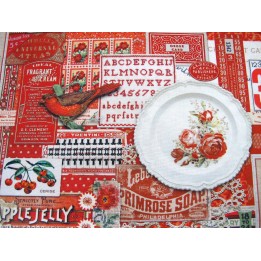Patchworkstoff Baumwolle Blumen Vögel Häuser Junk Journal Tags Label Vintage rot Curated in Color