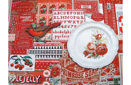 Patchworkstoff Baumwolle Blumen Vögel Häuser Junk Journal Tags Label Vintage rot Curated in Color