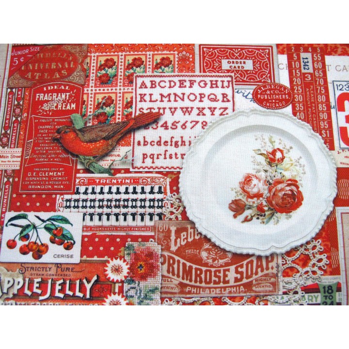 Patchworkstoff Baumwolle Blumen Vögel Häuser Junk Journal Tags Label Vintage rot Curated in Color