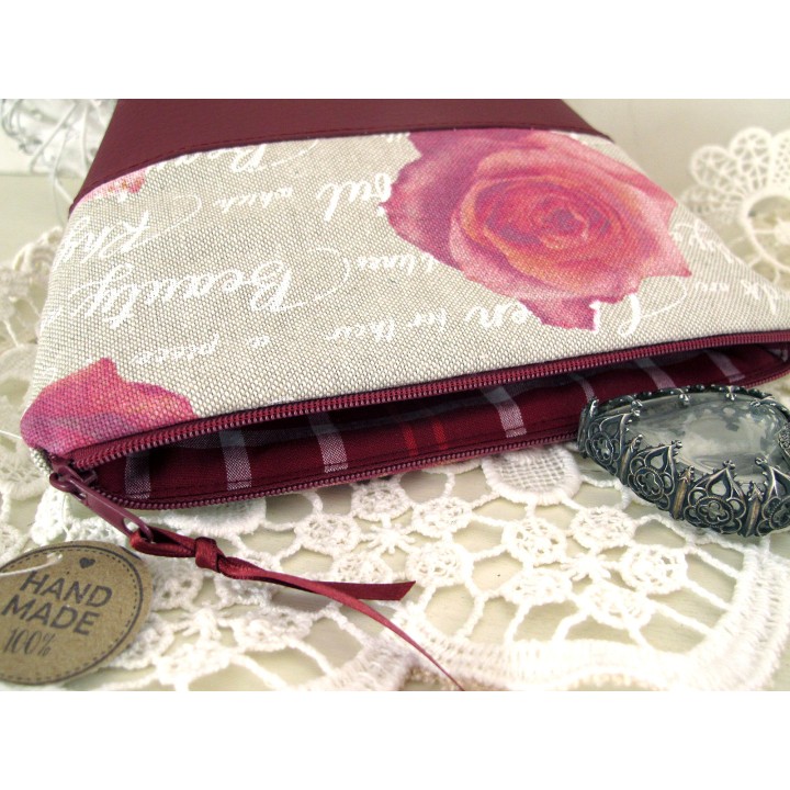 Kosmetiktasche Rose rot Leder Canvas Schminktasche Etui