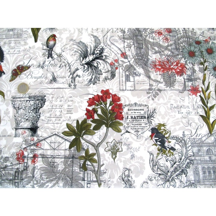 Quiltstoff Baumwolle Blumen Schmetterlinge Vögel Schrift Gebäude Text Stoff Favorites Collages Blumen Vögel