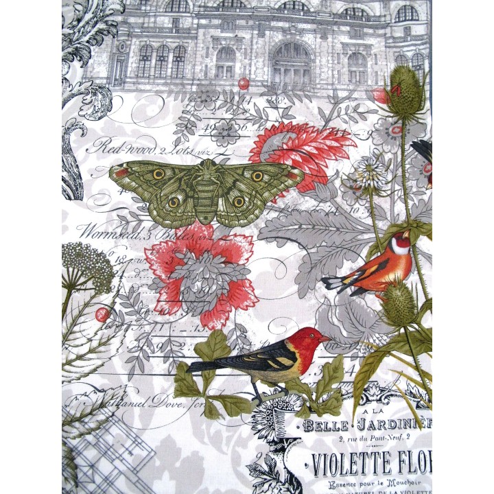 Quiltstoff Baumwolle Blumen Schmetterlinge Vögel Schrift Gebäude Text Stoff Favorites Collages Blumen Vögel