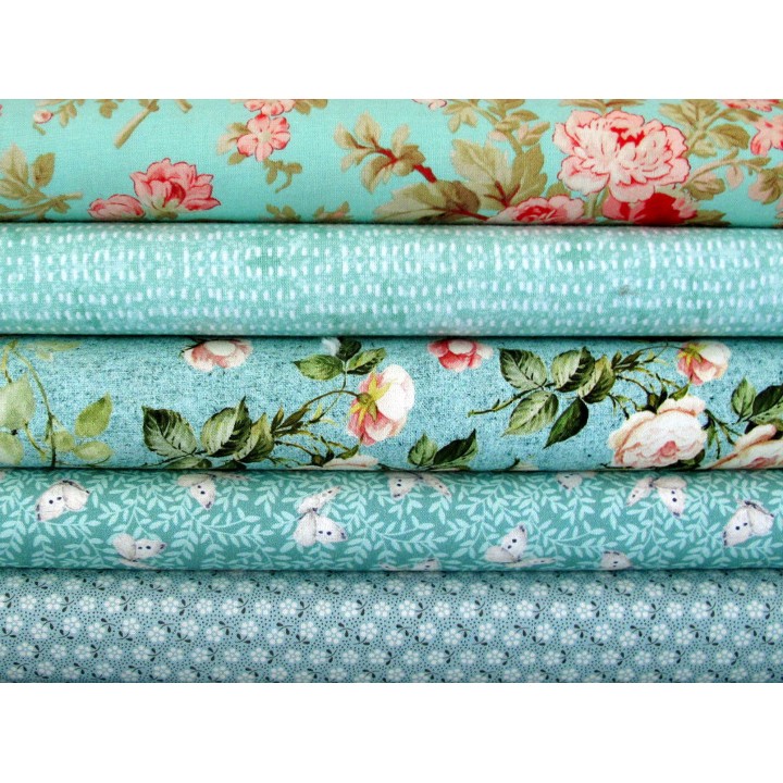 Patchwork Stoffpaket Blumen Rosen Schmetterlinge Baumwollstoffe türkis 75068