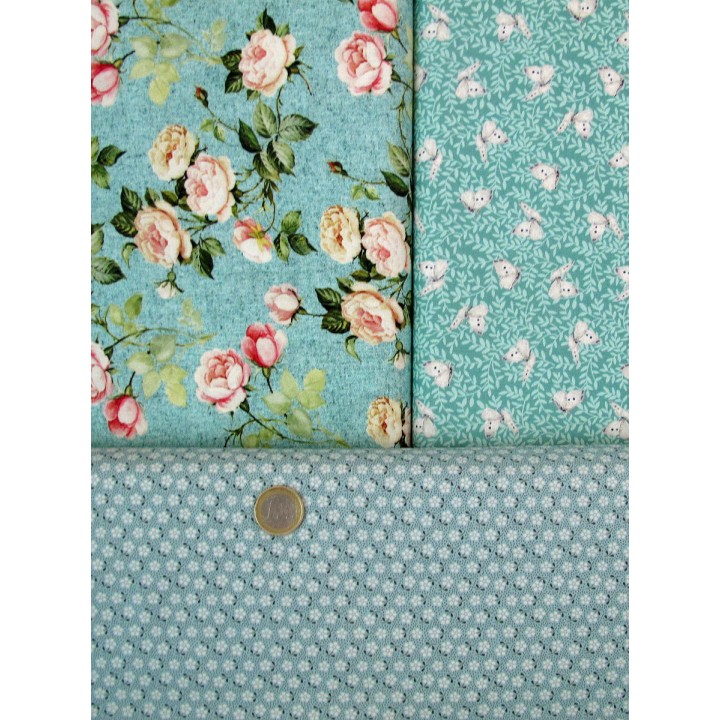 Patchwork Stoffpaket Blumen Rosen Schmetterlinge Baumwollstoffe türkis 75068