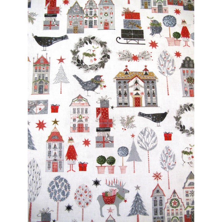 Baumwollstoff Weihnachten Kerstin Heß Baumwolle Winter schwedisch Häuser Vögel Rentier acufactum