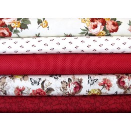 Stoffpaket Baumwolle Blumen Rosen Schmetterlinge rot creme 75062