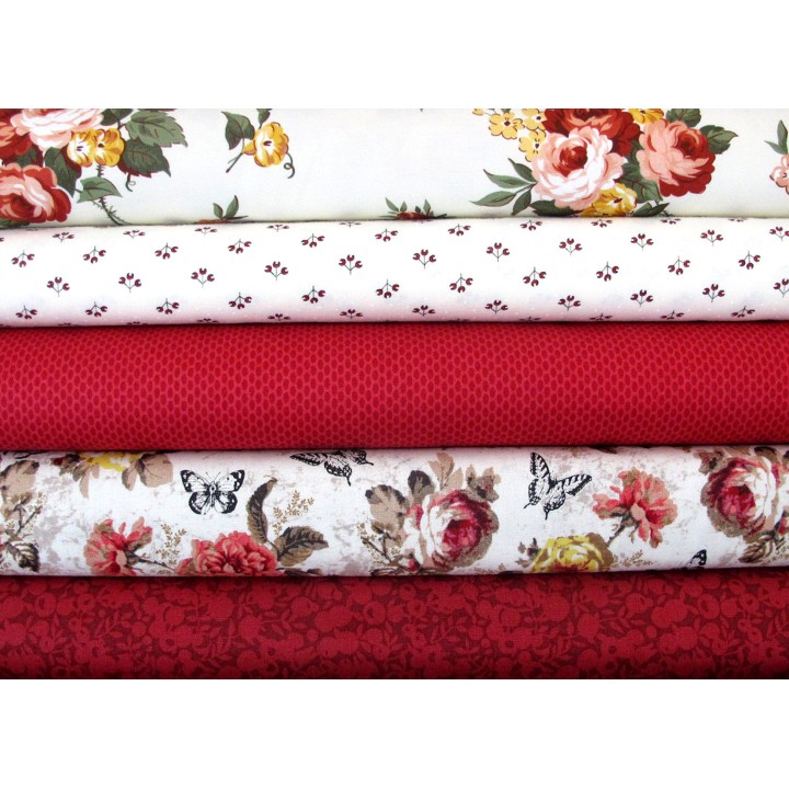 Stoffpaket Baumwolle Blumen Rosen Schmetterlinge rot creme 75062