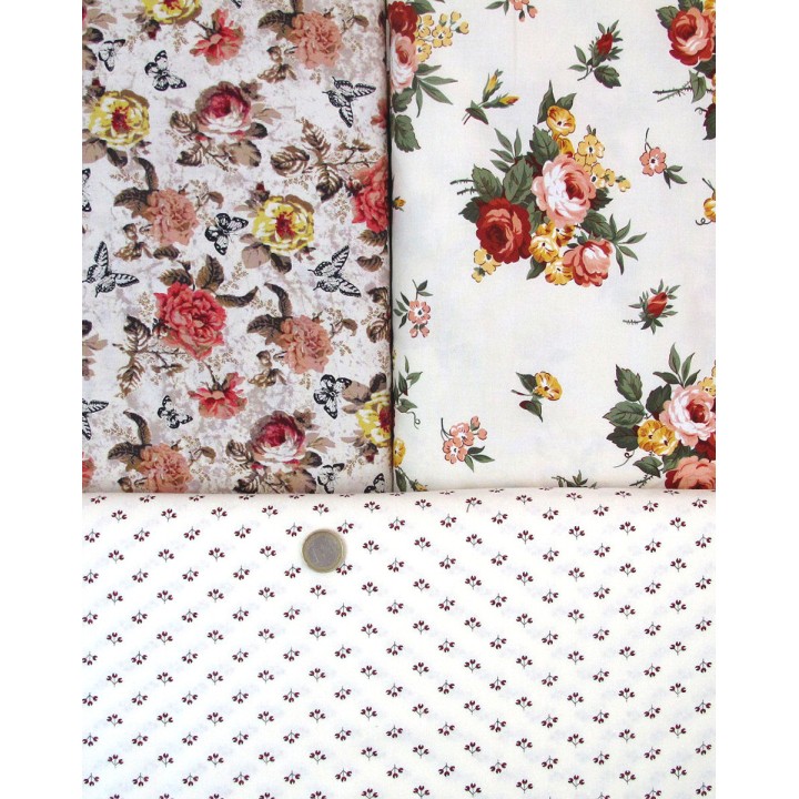 Stoffpaket Baumwolle Blumen Rosen Schmetterlinge rot creme 75062