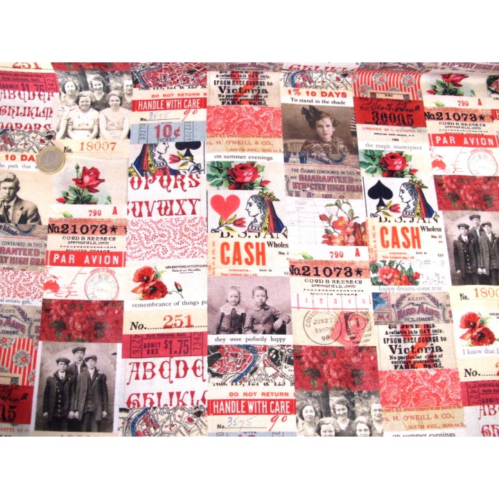 Patchworkstoff Tim Holtz Vintage Baumwolle Junk Journal Blumen Fotos Tickets Schrift Text