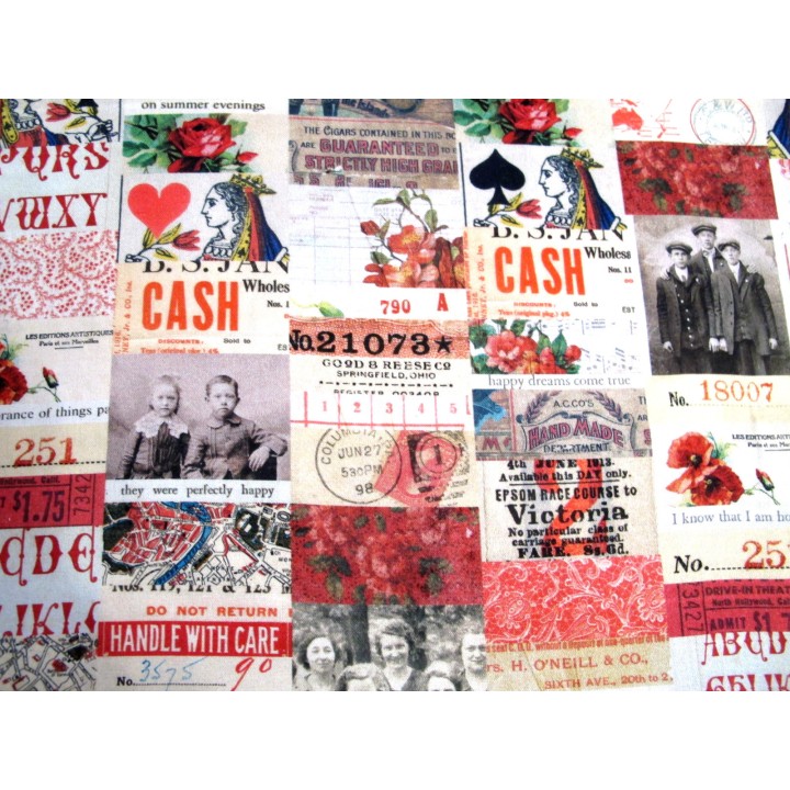 Patchworkstoff Tim Holtz Vintage Baumwolle Junk Journal Blumen Fotos Tickets Schrift Text