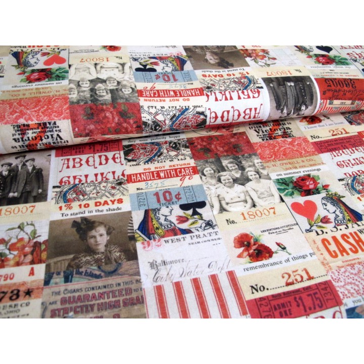 Patchworkstoff Tim Holtz Vintage Baumwolle Junk Journal Blumen Fotos Tickets Schrift Text