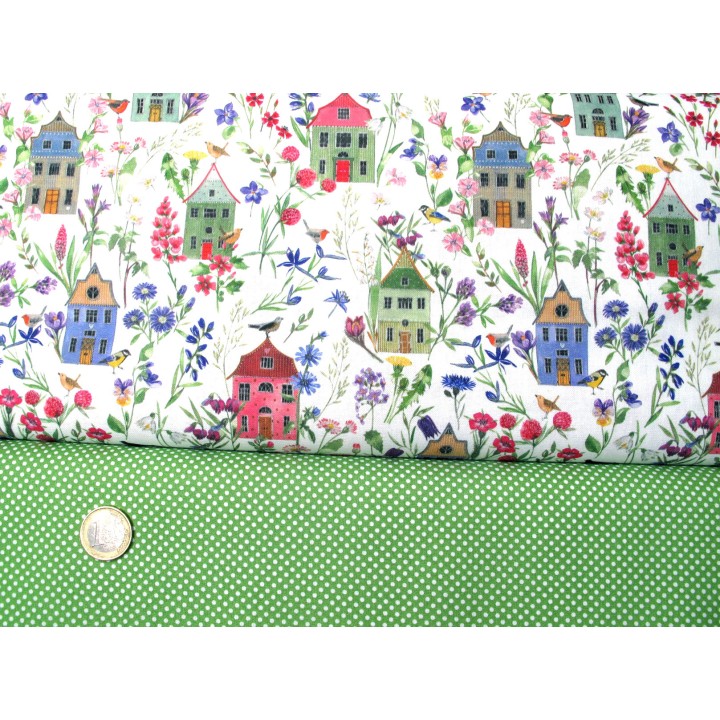 Stoffpaket Baumwolle Häuser acufactum Blumen Vögel Kinderstoffe 72050