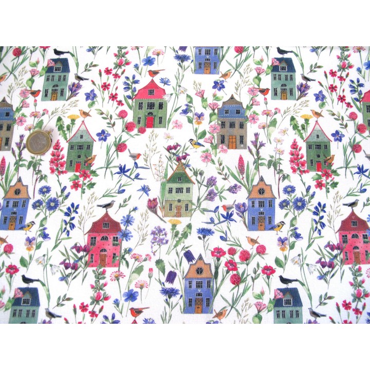 Stoffpaket Baumwolle Häuser acufactum Blumen Vögel Kinderstoffe 72050
