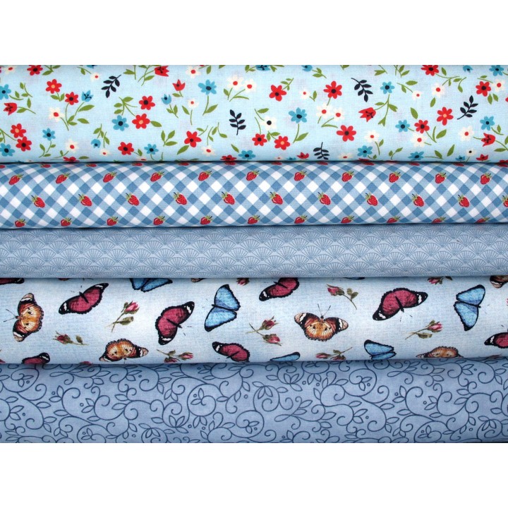 Patchwork Stoffpaket blau Blumen Sschmetterlinge Ranken Stoffe Baumwollstoff Baumwolle