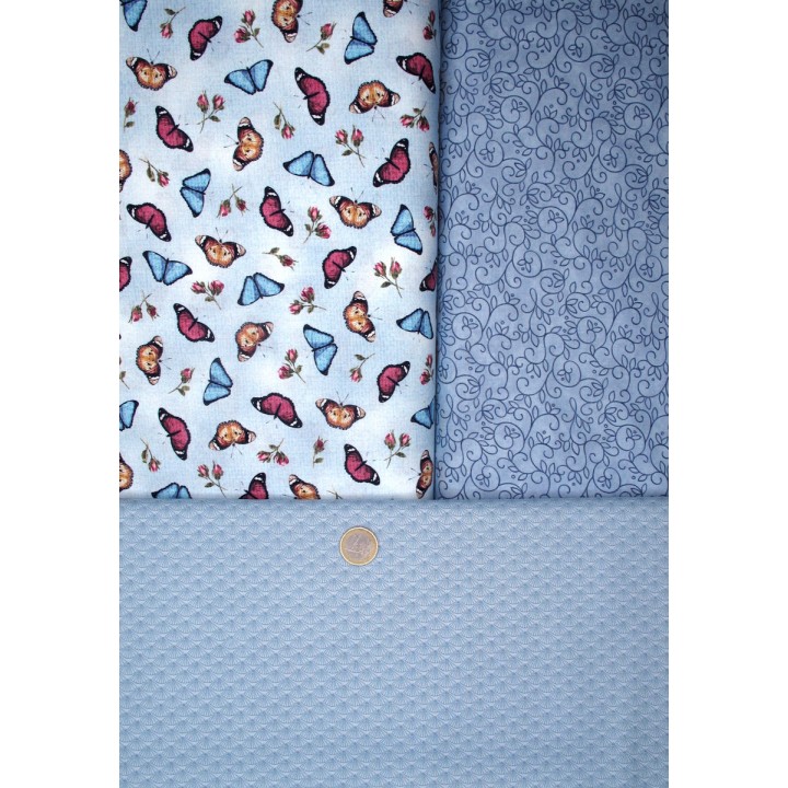 Patchwork Stoffpaket blau Blumen Sschmetterlinge Ranken Stoffe Baumwollstoff Baumwolle
