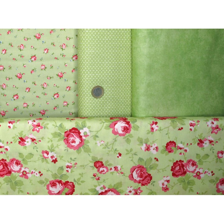 Patchwork Stoffpaket Baumwolle Rosen Punkte Blumen grün Stoff