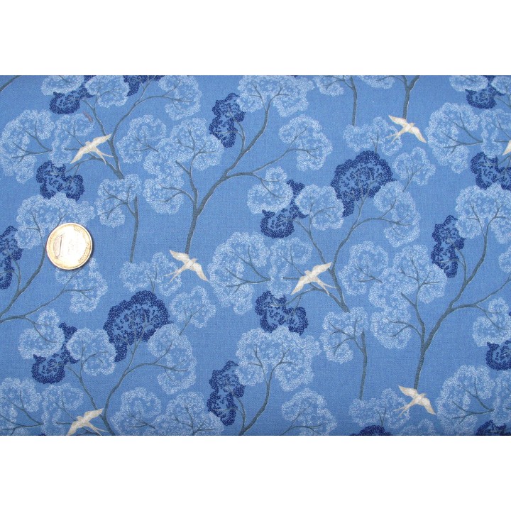 Westfalenstoff Osaka japanisch hellblau Baumwolle Vogel Baum Blumen 