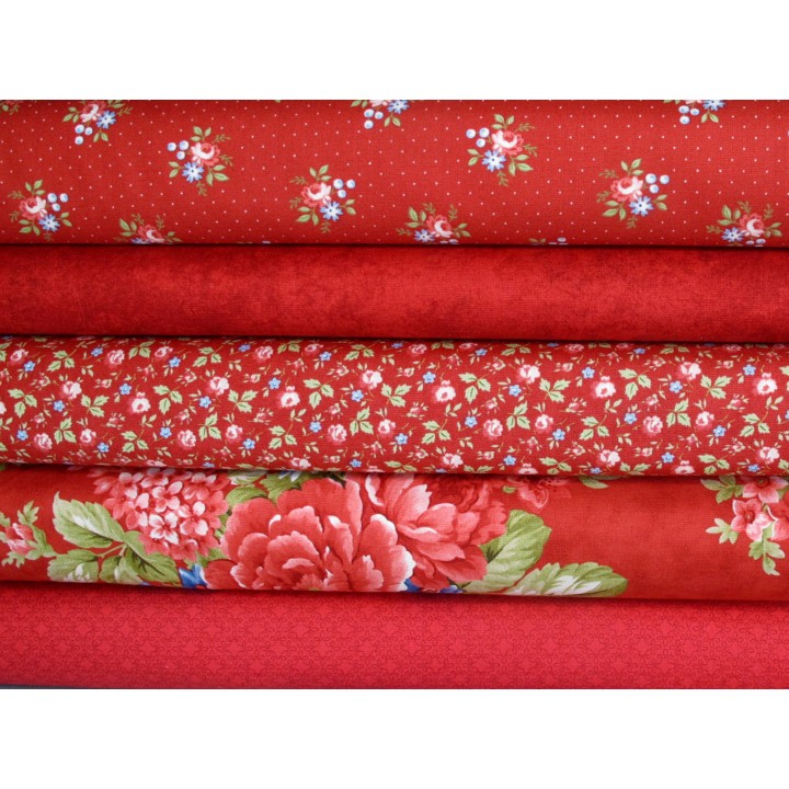 Stoffpaket Rosen Blumen Punkte Baumwolle Stoff blau rot grün