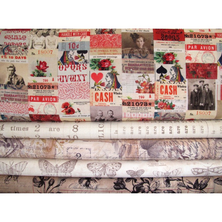 Patchwork Stoffpaket Tim Holtz Eclectic Rosen Blumen Zahlen Bilder Label Wörter Schmetterlinge Motten 75019