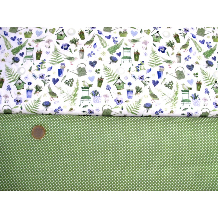 Stoffpaket Baumwolle Frühling Ostern Garten Stoffe Punkte acufactumblau grün 72048