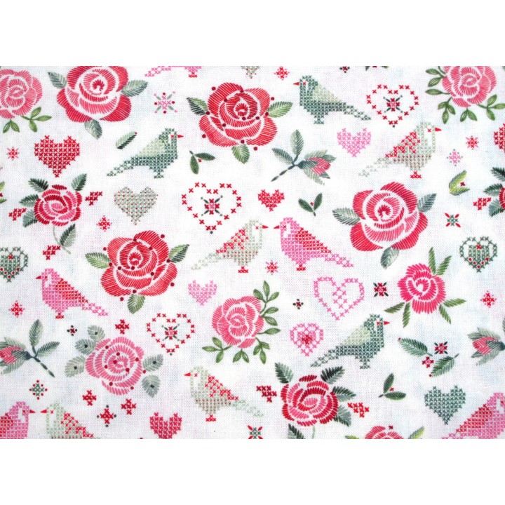 acufactum Baumwollstoff Stickliebe Rosen Blumen Vögel Herzchen Baumwolle Stoff Kerstin Heß