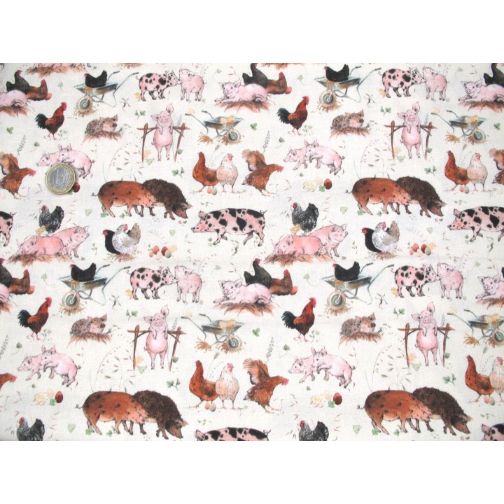 Tierstoff Sophia Drescher Baumwolle Patchwork Schweine Hühner acufactum