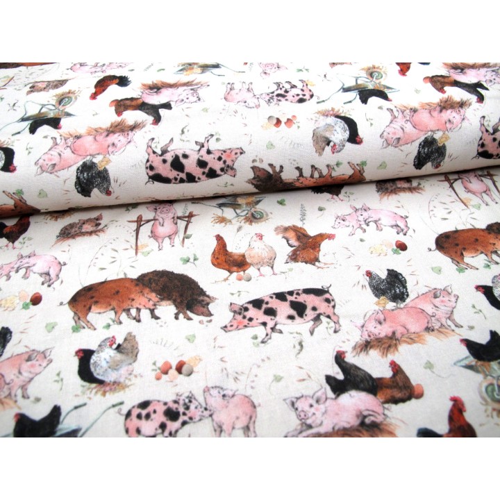 Tierstoff Sophia Drescher Baumwolle Patchwork Schweine Hühner acufactum