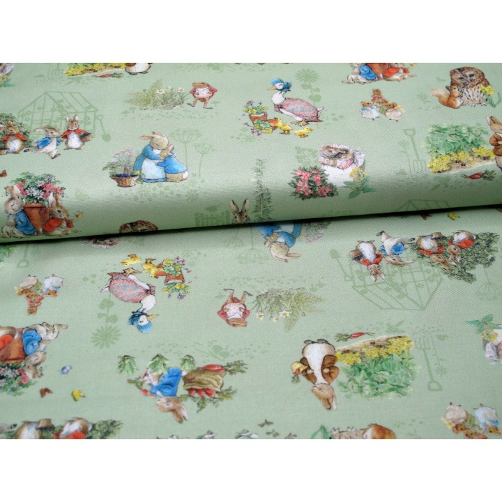 Patchworkstoff Peter Hase grün Baumwolle Stoff Kinderstoff Tiere Maus Igel Fuchs Gans