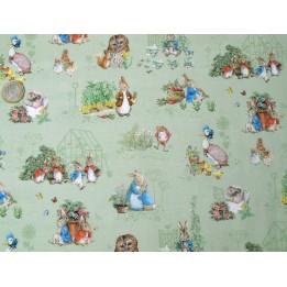 Patchworkstoff Peter Hase grün Baumwolle Stoff Kinderstoff Tiere Maus Igel Fuchs Gans