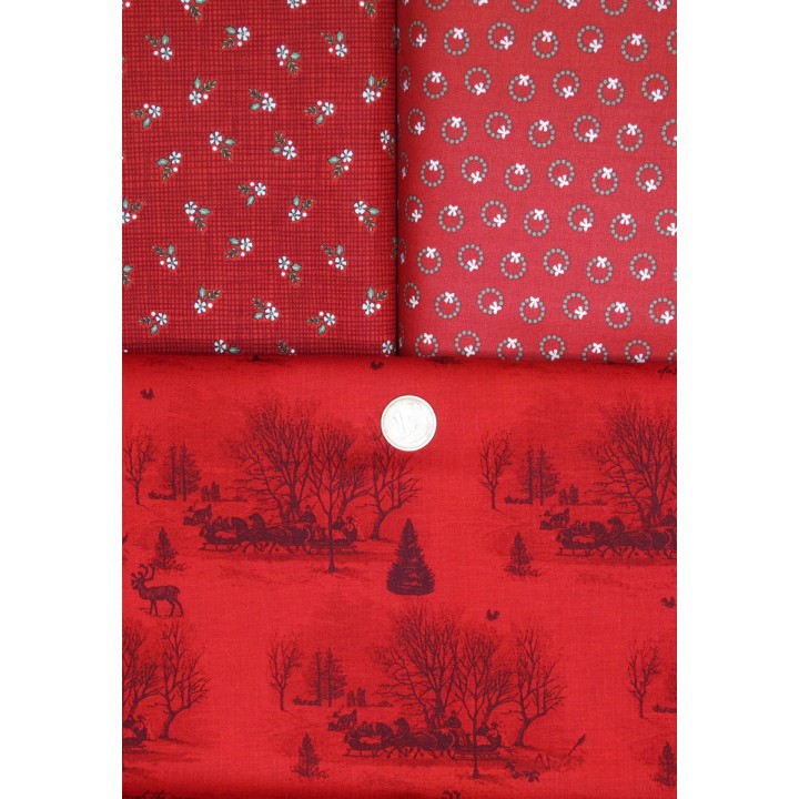 Stoffpaket Weihnachtstoffe rot Eiskristalle Baumwolle Stoffe Tannen Ilex Blumen 75090