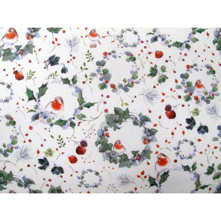 Stoff acufactum Rotkehlchen und Kränze Baumwolle Weihnachtsstoff Tierstoff Kinderstoff Winterstoff Sophia Drescher