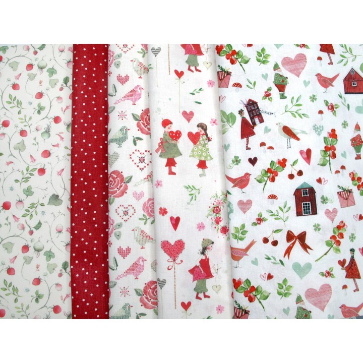 Stoffpaket acufactum Schweden Sommer Baumwolle Stoffe Erdbeeren Kinder Herzen Blumen 75063