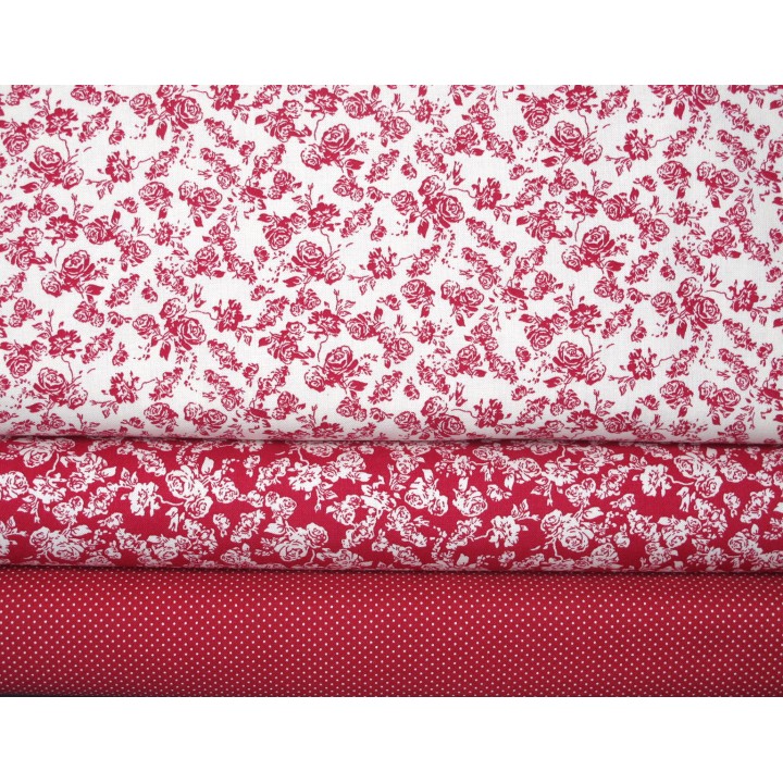 stoffpaket Baumwolle Blumen Punkte Patchwork Stoff Quilten rot weiß Rosen 73006