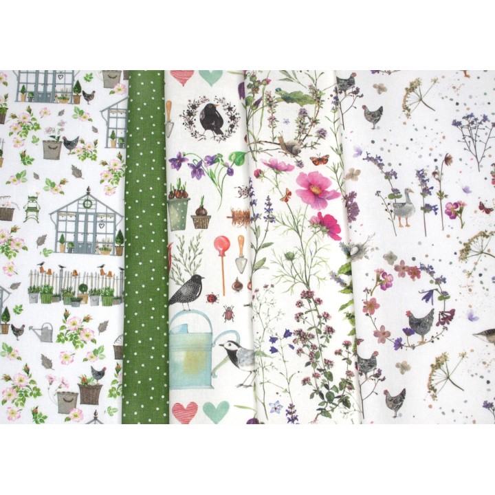 acufactum Stoffpaket Baumwolle Stoff tiere Blumen Garten Garten Frühling 75002