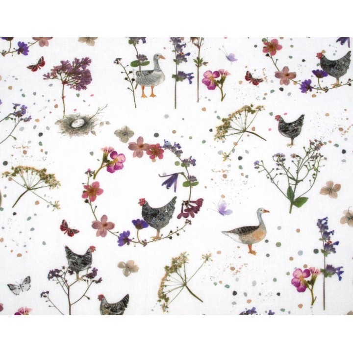 acufactum Baumwollstoff Hühner Gänse Tiere Landhausromantik Kerstin Heß Blumen Frühling